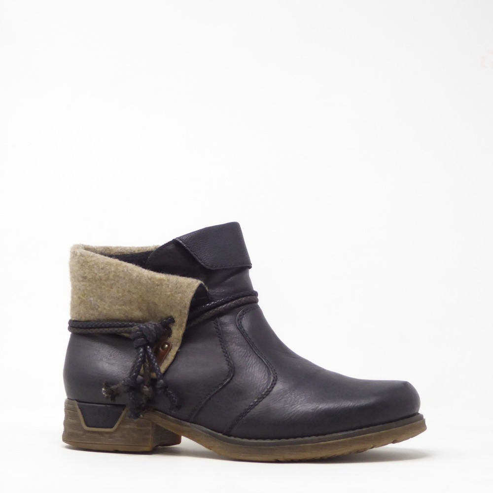 Rieker Fee 93 Ankle Boots Black Faux Leather Wool Trim 40 / 8.5-9 US